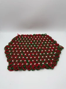 Hand Made Crocheted Red Green And White Polka Dot Placemats 15”X 11” - Picture 1 of 4