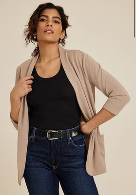 女式米色 3/4 袖 Ever Go 曲线下摆开襟西装外套 S 全新带标签 — 第 1/4 张图片