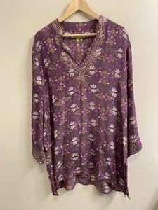 Sigrid Olsen Size 16 Large Purple Floral Beaded Embroidered V-neck Tunic Blouse - Picture 1 of 22