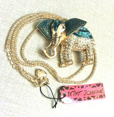 Colgante de elefante dorado cristal azul y blanco Betsey Johnson en collar de cadena de oro Foto 1 de 2