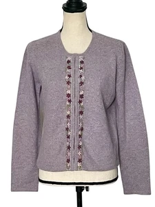 Ann Taylor Cardigan Sweater Medium Wool Angora Lavender Floral Embroidered - Picture 1 of 8