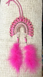 Native American Beaded Indian Headdress w/ Feathers Hand Made Pink & Black - Picture 1 of 6