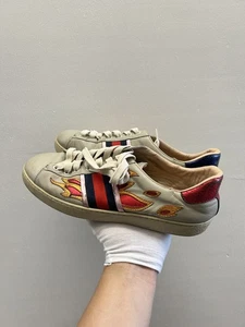 GUCCI Tenis Corte Bajo ACE Fuego Bordado Cuero Lona Gg Cuero 7 UK 8 US - Imagen 1 de 9