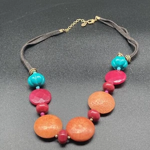 Barse Boho Leather Necklace Natural Sponge Coral Stones W/Glass Bead Accents - Picture 1 of 9
