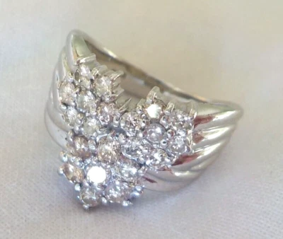 Solid Platinum Triple Floral Cluster Diamond Ring - 8.32 gms, Sz 6.25, 1.0 ctw - Image 1 of 4