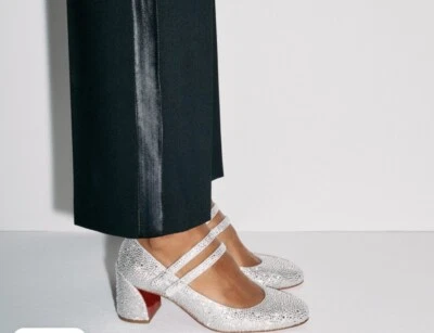 CHRISTIAN LOUBOUTIN MISS JANE STRASS MARY JANES METALLIC 38.5/8.5 CRYSTAL $2995 - Image 1 of 4