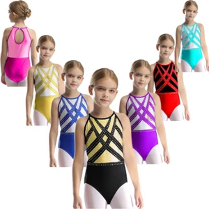 Kids Girls Jumpsuit Color Block Bodysuit Keyhole Back Leotard Rhinestones Dance - Picture 1 of 67