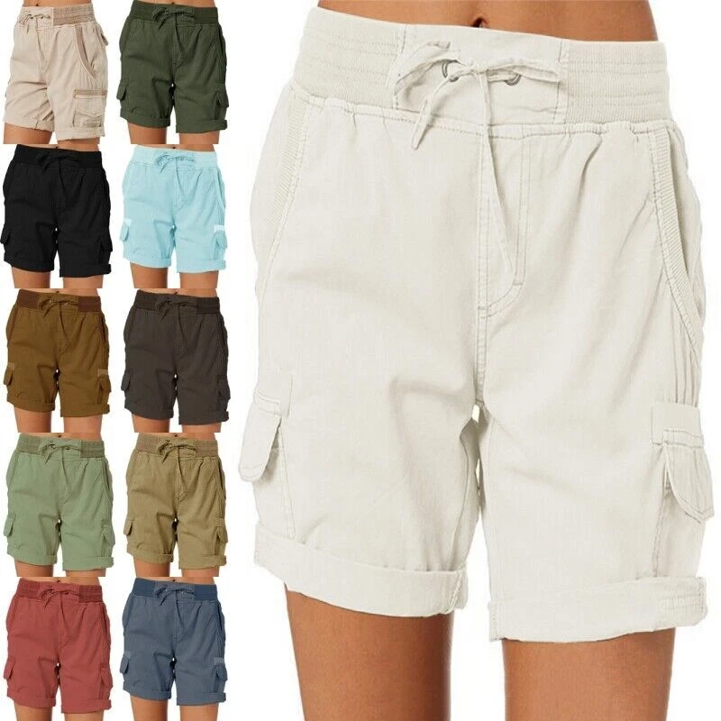 Plus Size Women's Elastic Waist Drawstring Hot Pants Ladies Solid Cargo Shorts - Image 1 of 4