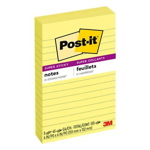 Post-it Super Sticky Lined Notes, 4" x 6", Canary Yellow, 3 Pack - Picture 1 of 1