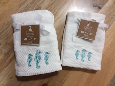 Deborah Connolly 4 pc  EMBROIDERED SEAHORSE BATH HAND & TIP TOWELS Nautical NEW - Image 1 of 2