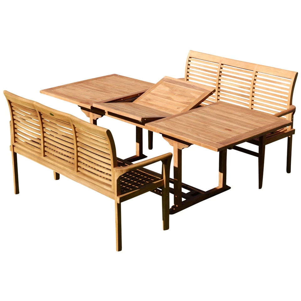 TEAK Set Gartengarnitur Ausziehtisch 150-210cm x 90cm + 2 Bänke 150cm Holz JAV - Bild 1 von 4