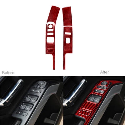 Borde de botón de elevación de ventana de fibra de carbono rojo 5 piezas para Chevrolet Silverado 1500 14-18 Foto 1 de 4