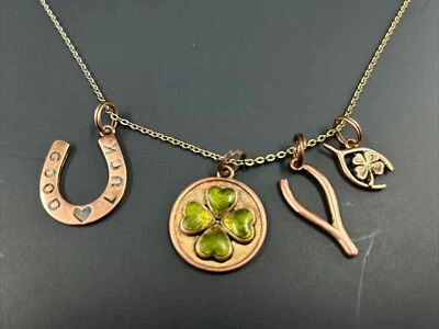 Lucky Necklace Of 4 Copper Charms Horseshoe Clovers Wishbones And 24” Chain C12 - Image 1 of 4