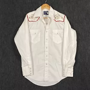 Wrangler Mens 15.5 34 Western Cowboy Cut Pearl Snap Shirt White Red Sequin Star - Picture 1 of 14