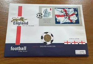 Ersttagsbrief 2002 Original £1 Münze Stempelglanz England Fußball - WM - Bild 1 von 9