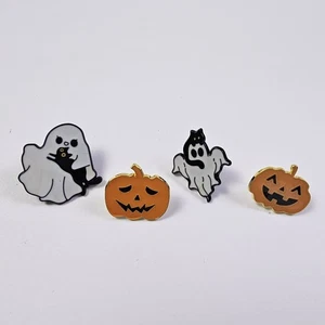 Glow In The Dark Halloween Ghost W/Black Cat & Pumpkin Lapel Pin Brooch Set Of 4 - Picture 1 of 4