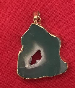 Green Slice Geode Agate Pendant Gold Plated Setting-Handmade (5) - Picture 1 of 6