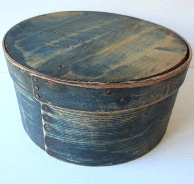 Antigua CAJA DESPENSA MADERA Redonda con Cubierta en Pintura Azul - 9" Diámetro Foto 1 de 4
