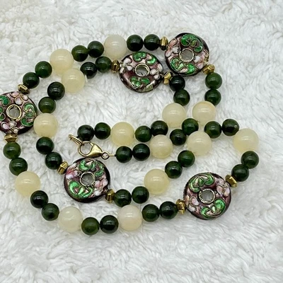 Cloisonné and Jade Beaded Necklace 14/20 GF Clasp Asian Inspired 18" - Image 1 of 4
