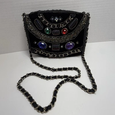 Bolso de hombro vintage Magid de terciopelo negro con cuentas de eslabones de cadena Foto 1 de 4