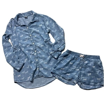 Gymboree Girls L 10-12 Denim Shirt Dress & Shorts Set Cowgirl Equestrian Rodeo - Image 1 of 4
