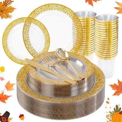 Best 150 件装金色塑料盘子,透明餐具套装,蕾丝设计感恩节 — 第 1/4 张图片