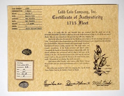 ATOCHA 1715 TREASURE FLEET PHILIP V 2 REALE WITH COA - Image 1 of 4