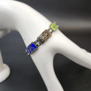 Vintage Siam Sterling Silver & Enamel Bracelet Red Blue Black Green Saftey Chain - Picture 1 of 12