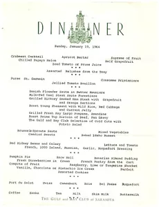 1964 Menu Cena Gulf & Bay Club di Sarasota, Florida domenica 19 gennaio - TT - Foto 1 di 2