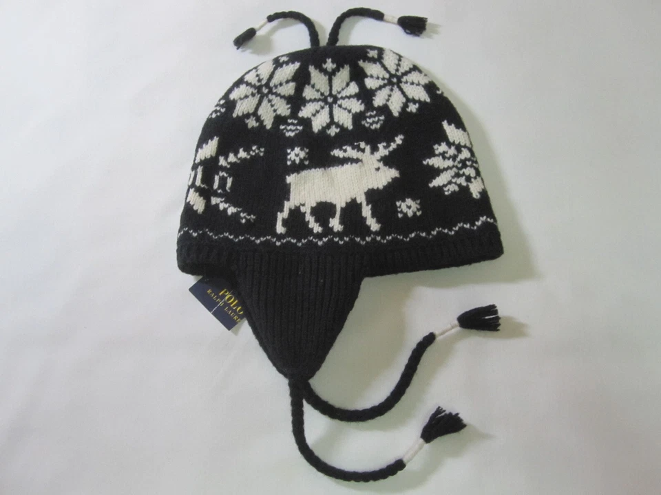 Polo Ralph Lauren Moose Shetland Wool Trapper Hat Snowflake Tassel (Black | NWT) - Image 1 of 4
