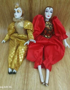 Set aus 2 Vintage Porzellan Harlekin Clown Narr Puppen Sammlerstück 15 Zoll - Bild 1 von 13