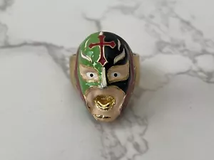 WWE WWF Rey Mysterio Mask Adjustable Finger Ring Jewelry Green Black Brass - Picture 1 of 7