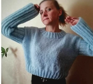 Blue Sky Damen flauschiger handgestrickter Crop Pullover Wolle Handarbeit Pulli - Bild 1 von 12