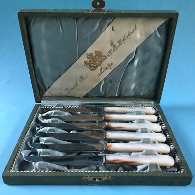 Messerset 6 antike Perlmutt Messer im Etui E. Rau K.B.Hoflieferant München ~1900 - Bild 1 von 4