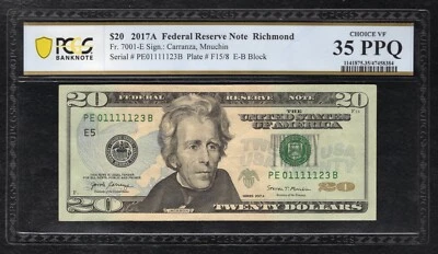 FR. 7001-E 2017-A $20 FRN “LADDER S/N PE01111123B” PCGS BANKNOTE VERY FINE-35PPQ - Image 1 of 2