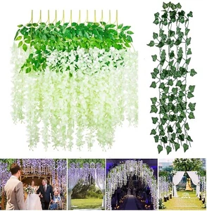 12PCS Artificial Wisteria/Ivy Garland Fake Leaf Plants Vine for Wedding Decor - Picture 1 of 17