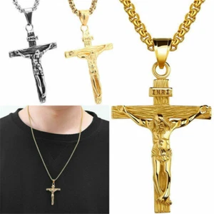 Mens Women Chain Necklace Cross Stainless Steel Pendant Crucifix Jesus Christ - Picture 1 of 16