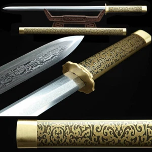 Damascus Folded T10 Steel Double Edge Sword Chinese Tang Jian 唐剑 Copper Sheath - Picture 1 of 12