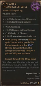 diablo 4 anillos airidah's inexorable voluntad Ilvl 925 druida ancestral - Imagen 1 de 1