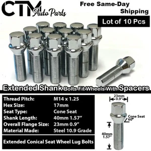 10x BMW Mini Chrome 14x1.25  Extended Lug Bolt 40mm Shank For 10-15mm Spacer Rim - Picture 1 of 5
