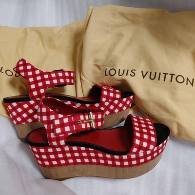 Auth Louis Vuitton Check Red Sandals Mules Size 36 US 6 UK 3 Women Dust Bag - Image 1 of 4