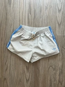Vintage 80er Adidas Laufshorts Gr. M grau drei babyblaue Streifen Made in USA - Bild 1 von 5