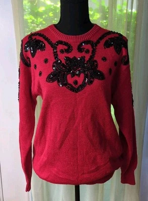 Suéter de Colección Dana Scott Manga Larga con Lentejuelas Cuentas, Para Mujer S, Rojo/Negro  Foto 1 de 4