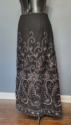 NWOT Talbots Wool Blend Maxi Skirt 16 Long A Line Black Silver Heavy Embroidery  - Image 1 of 4