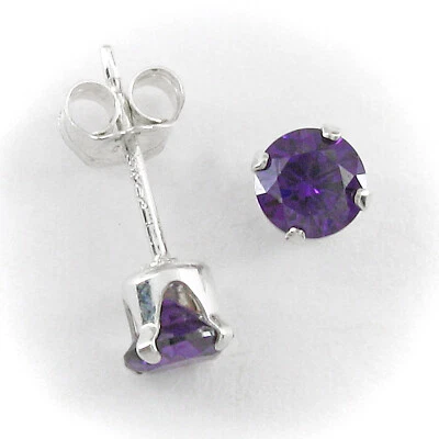 4mm Round Cubic Zirconia Post Earrings in Sterling Silver - Many COLORS! - Image 1 of 4