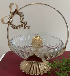 Vintage runde durchsichtige überbackene Schmuckschale mit Metallständer Korb Stil Blätter Schleife - Bild 1 von 10