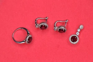 Anello Con Pendente In Argento Sterling 925 E Orecchino In Zirconia Cubica Rosa - Foto 1 di 12