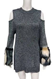 Boston Proper women's Sweaters Faux Fur Cuff Cold Shoulder metallic gray size M - Picture 1 of 15