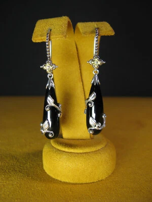 BARBARA BIXBY ONYX DANGLE EARRINGS VINE LEAF FLOWER SS 18K Gemstone Boho Overlay Foto 1 de 2
