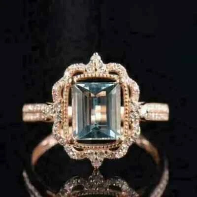 Halo de aguamarina creado en laboratorio enchapado en oro rosa de 14 quilates corte esmeralda de 1,50 quilates boda Foto 1 de 4